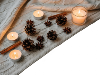 Cozy winter scene with lit candles and pinecones on a knitted blanket isolated on transparent background