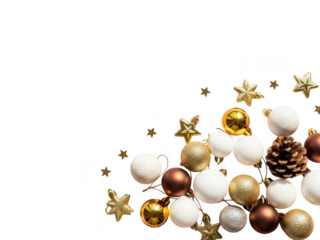 Festive christmas ornaments and gold stars isolated on transparent background