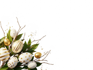 Easter eggs and branches with green leaves isolated on transparent background for spring holiday decoration