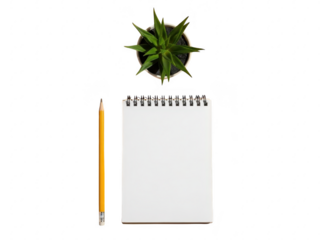 Notepad and yellow pencil with green plant on transparent background for office or school supplies