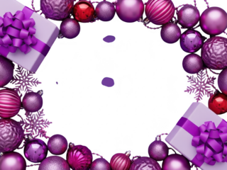 Purple christmas ornaments and gifts on transparent background for holiday decoration and celebration