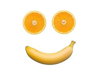 Smiling face made from orange slices and banana on transparent background