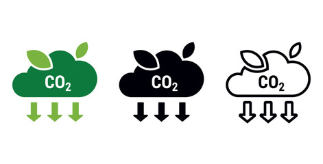 Carbon dioxide CO2 emissions reduction concept illustrated with eco cloud icons | CO2 Carbon Emissions Reduction Icons Set with Green Eco Cloud and Down Arrows | Vector icons for CO2 reducing emission