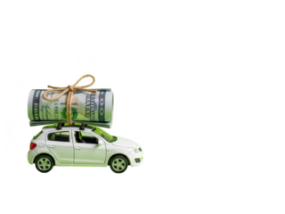 Toy car with rolled up dollar banknotes on roof tied with twine isolated on transparent background