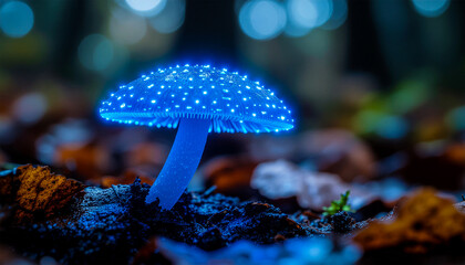 Extreme macro of a single bioluminescent fiber optic mushroom, glowing neon blue cap with glittering particle texture, clean forest floor, dark bokeh background, hyper-realistic..