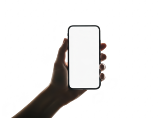 Hand holding blank smartphone screen on transparent background for mockup