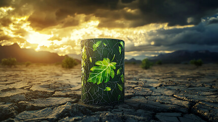 A single green plant growing inside a barrel in a dry cracked desert landscape at sunset.