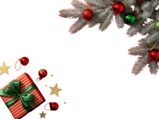 Christmas tree branch with ornaments and gift box on transparent background