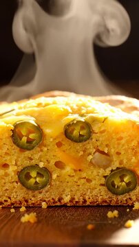 Close Up View of Fresh Hot Cornbread With Jalapenos and Melting Cheese