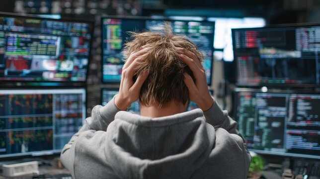 Young person in gray hoodie overwhelmed by data in a trading office with multiple computer monitors displaying stock market visualizations