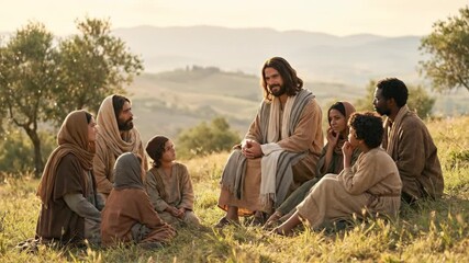 Jesus Christ sitting on grassy hill teaching diverse group of disciples and children including women and men representing sermon on the mount and biblical ministry