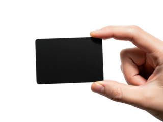 A hand holding a blank black card isolated on transparent background for business or personal use