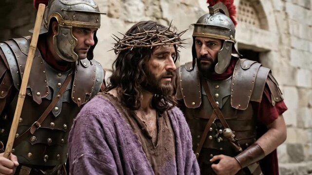 Jesus Christ wearing crown of thorns and purple robe standing between two roman soldiers during passion and trial representing suffering and sacrifice of holy week