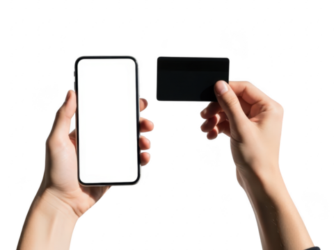Hands holding smartphone and black credit card isolated on transparent background - Powered by Adobe