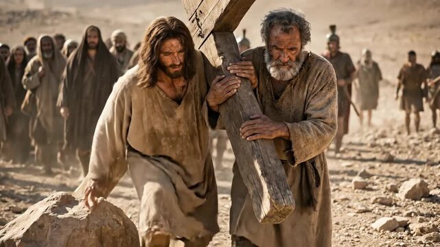 Simon of Cyrene helping exhausted Jesus Christ carry heavy wooden cross on dusty road to calvary depicting biblical station of the cross and shared burden. Semana santa, Holy week
