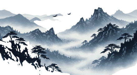 Panoramic japanese sumi-e ink wash painting of layered indigo mountains and stylized pines, with graceful cranes flying through the vast, atmospheric bokashi mist. Concept of harmony with nature