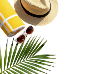 Summer vacation accessories with hat and sunglasses isolated on transparent background for travel
