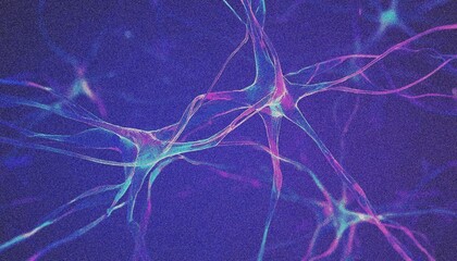 Neural network background, glowing lines on a dark background with noise and grain illustration.