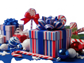 Colorful wrapped gift box with ribbons and candies on blue surface with snowflakes isolated on transparent background