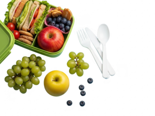 Healthy food in a green lunch box on transparent background with fruit and utensils