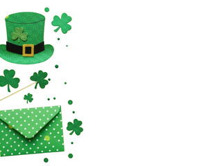 St patricks day themed icons including hat, shamrocks, and envelope on transparent background