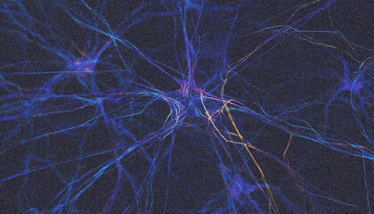 Neural network background, glowing lines on a dark background with noise and grain illustration.