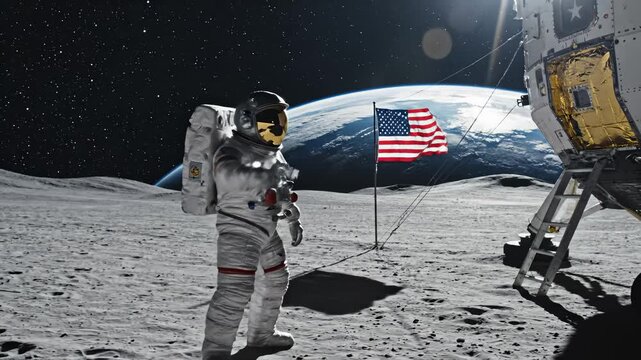 Astronaut Walking on the Moon, American Flag Waving in the Space, Earth Behind