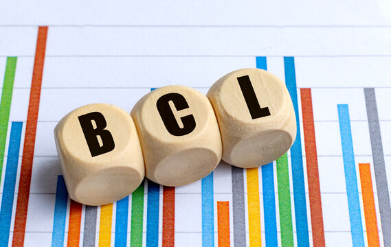 Wooden round blocks with acronym bcl on colorful bar chart , symbolizing bank comfort letter or financial instrument