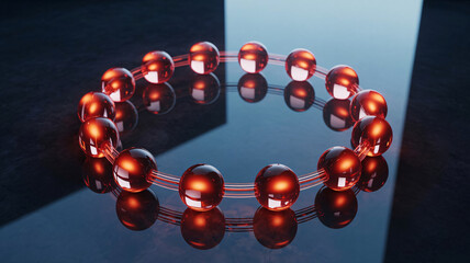 Glowing red molecular structure on reflective surface