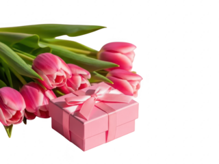 Pink tulips and gift box on transparent background for birthday or holiday gift giving ideas