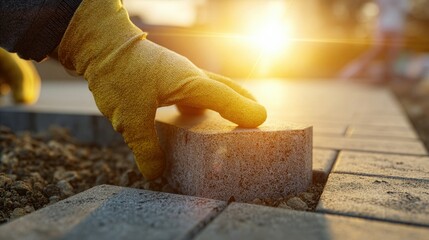 Worker lays stones on ground during sunset at a construction site while preparing a pathway for a new project in the outdoor area