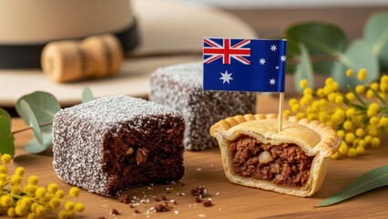 Celebrating australia day with traditional meat pies and lamingtons with gum leaves