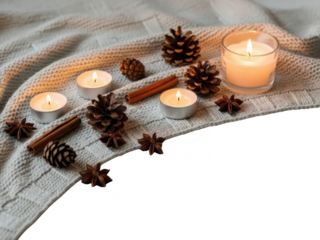 Cozy winter arrangement with candles, pinecones, and spices on a textured fabric surface for seasonal decoration ideas isolated on transparent background