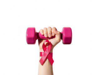 A pink dumbbell held by a hand with a breast cancer awareness ribbon on isolated transparent background