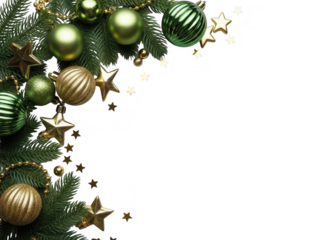 Green and gold christmas tree decorations on transparent background with stars and ornaments