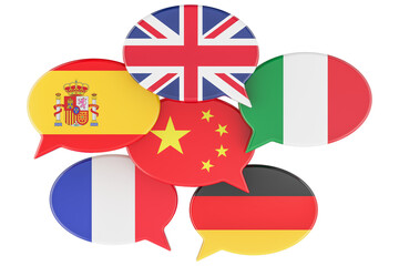 Speech bubbles with world flags, 3D rendering isolated on transparent background