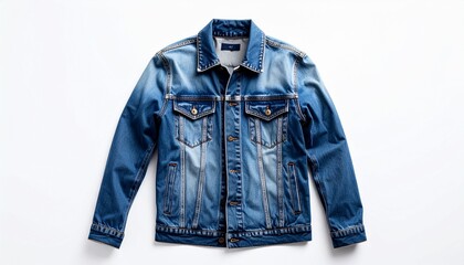 Denim jacket displayed on white background showing different shades and styles of denim fabric in various sections of the jacket
