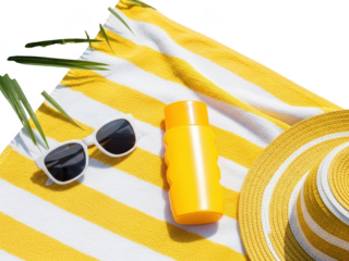 Beach essentials on yellow and white striped towel isolated on transparent background