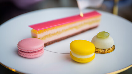 Elegant gourmet desserts including macarons and a layered cake are presented on a minimalist white plate.