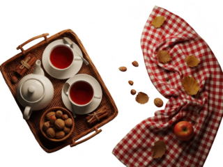 Tea time with cookies on red and white checkered cloth isolated on transparent background