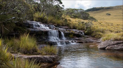 Obraz premium Scenic landscape featuring a cascading waterfall flowing into a tranquil pool surrounded by lush greenery, rocks, and rolling hills under a cloudy sky