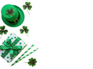 St patricks day celebration with green hat and shamrocks isolated on transparent background for festive holiday designs