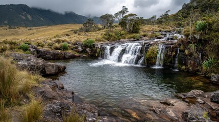 Fototapeta premium A serene natural scene unfolds with a cascading waterfall flowing into a tranquil pool surrounded by lush vegetation and rocky terrain. The cloudy sky adds a touch of drama