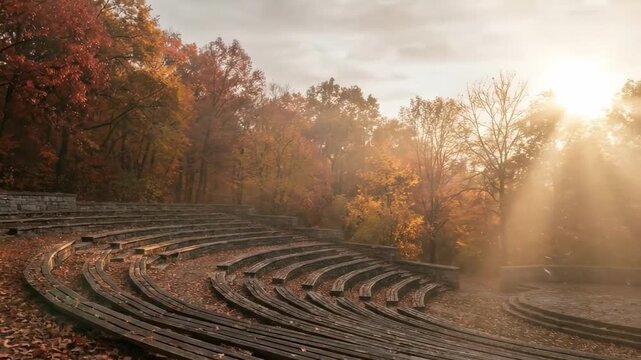 trees in the fall - A serene autumn scene depicts a semi-circular outdoor amphitheater surrounded by vibrant fall foliage, bathed in soft golden light, inviting tranquility and reflection