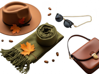Autumn fashion accessories with hat scarf sunglasses and handbag on transparent background
