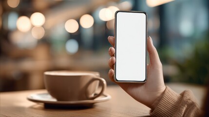 A hand holds a smartphone with a blank screen, near a coffee cup on a wooden table. Blurred background with bokeh lights