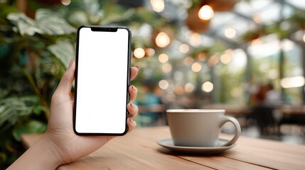 A person's hand holds a blank phone screen next to a coffee cup on a wooden table, cafe setting, with bokeh lights