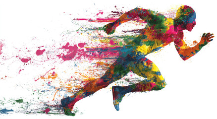 Colorful abstract illustration of an athletic person in a dynamic running pose with vibrant splashes and textures