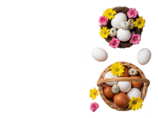 Easter eggs in baskets with flowers on transparent background for spring holiday