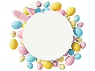 Colorful easter eggs and bunny ears forming a circle on transparent background for holiday decoration ideas